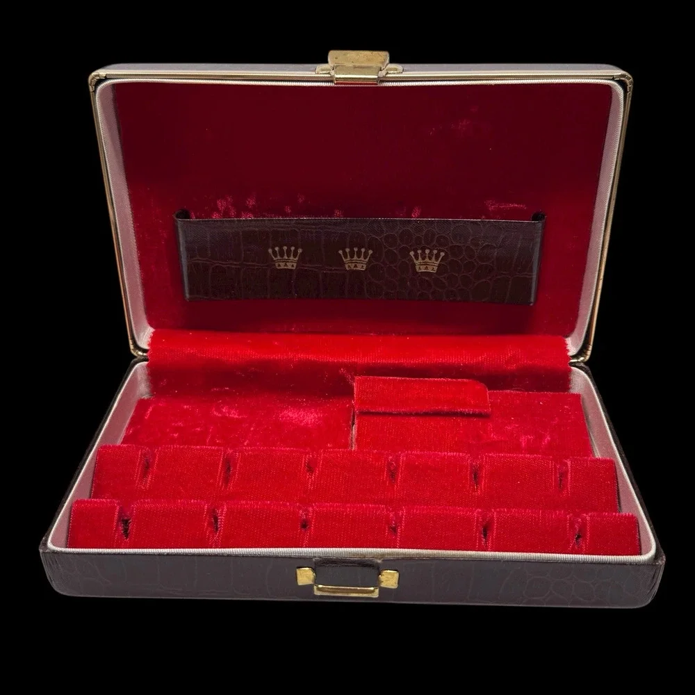 Vintage Reptile-Style Jewelry Travel Box, Brass Hardware, Red Velvet 7x4